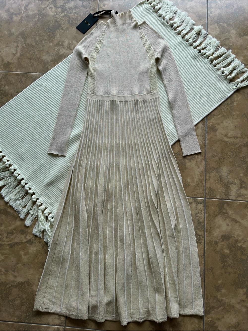 PINKO Cream Ismaele Abito Metallic Viscose Ribbed Knit Mock Neck Midi Dress